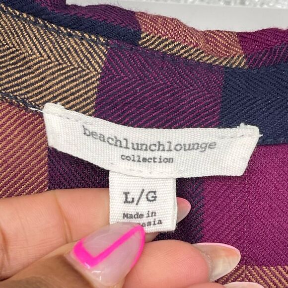BeachLunchLounge Women’s Jewel Tone Purple Plaid Button Front Top Large - Picture 8 of 14